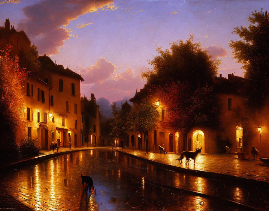 Twilight-lit street scene with glowing lamps, buildings, people, and a dog.