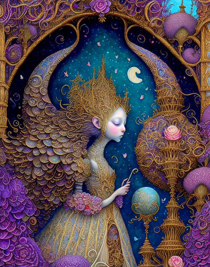 Whimsical illustration of serene female with ornate crown in night sky