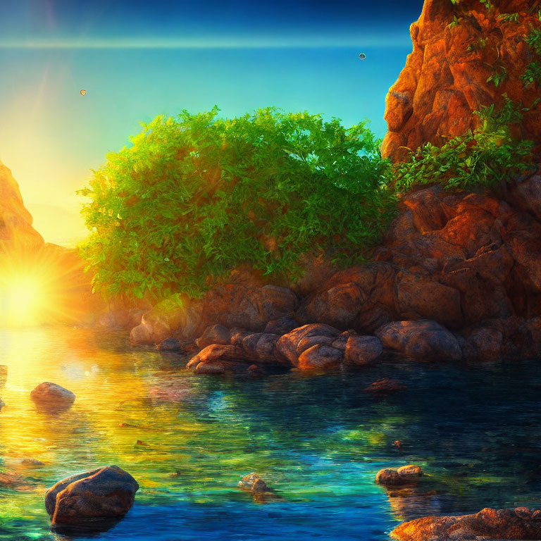 Tranquil Cove Sunset with Foliage-Covered Cliff & Rocks