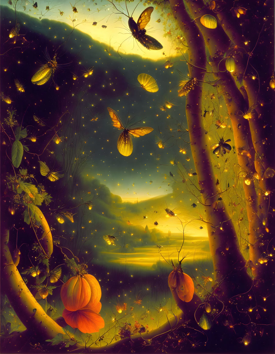 Enchanting forest scene with fireflies, butterflies, and pumpkins at dusk