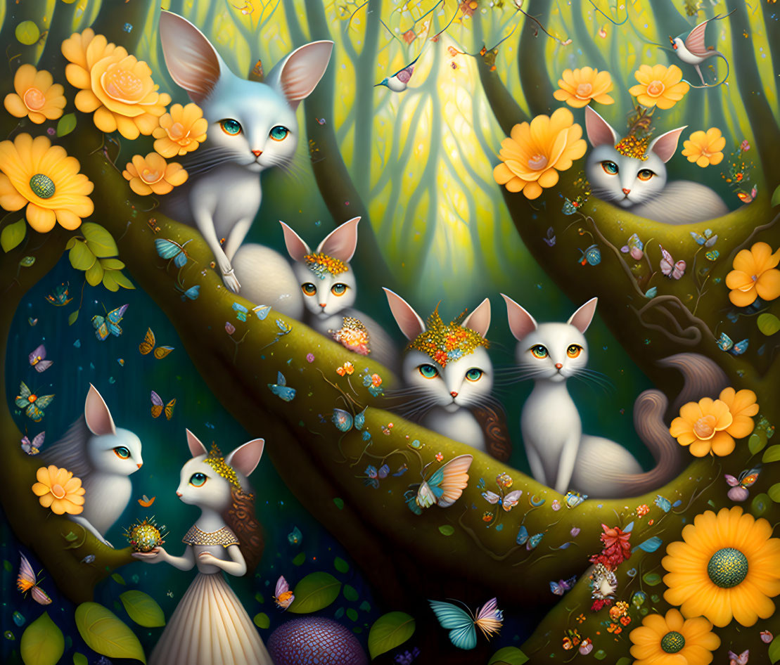 Anthropomorphic Cats in Enchanted Forest with Vibrant Flora