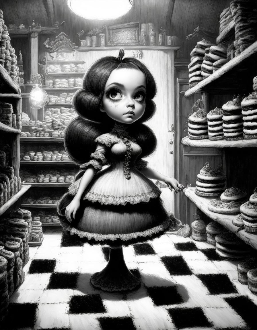 Monochrome illustration of a wide-eyed girl in vintage dress at detailed bakery