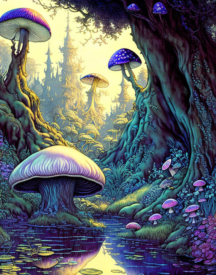 Colorful Fantasy Forest with Oversized Mushrooms by Serene Water Body