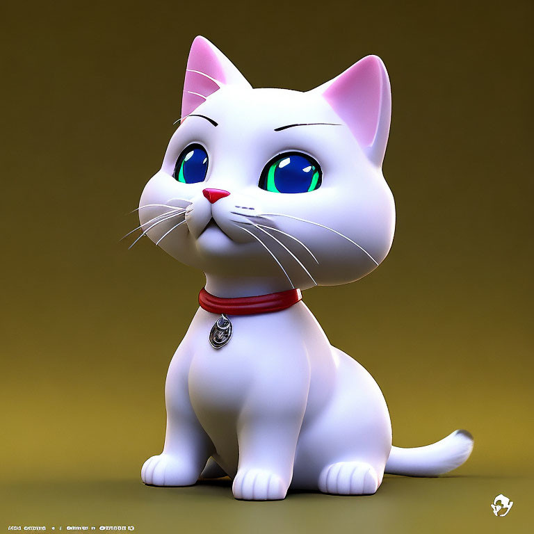 Cartoon White Cat 3D Illustration with Green-Blue Eyes