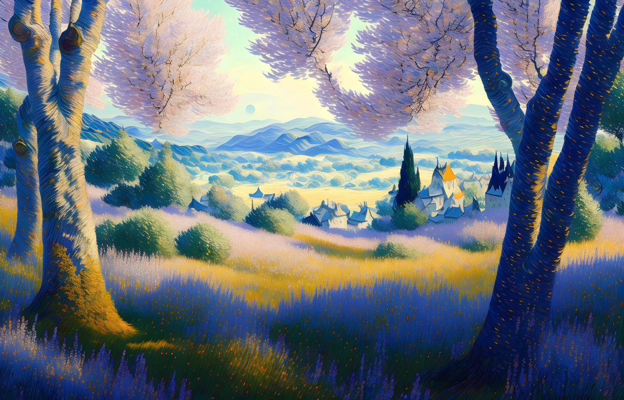 Fantasy landscape painting with lavender fields, whimsical trees, village, hills, and dual moons.