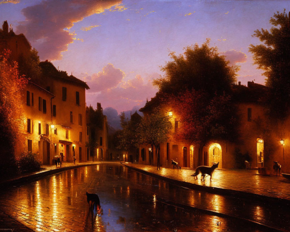 Twilight-lit street scene with glowing lamps, buildings, people, and a dog.