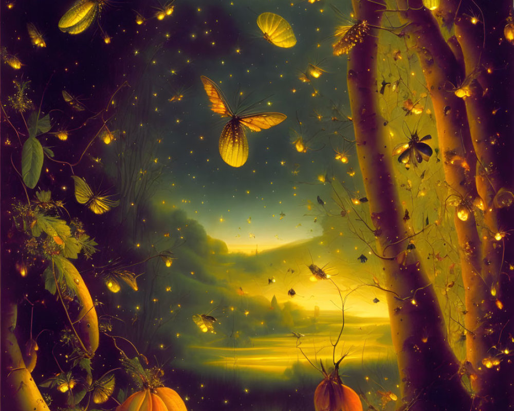 Enchanting forest scene with fireflies, butterflies, and pumpkins at dusk