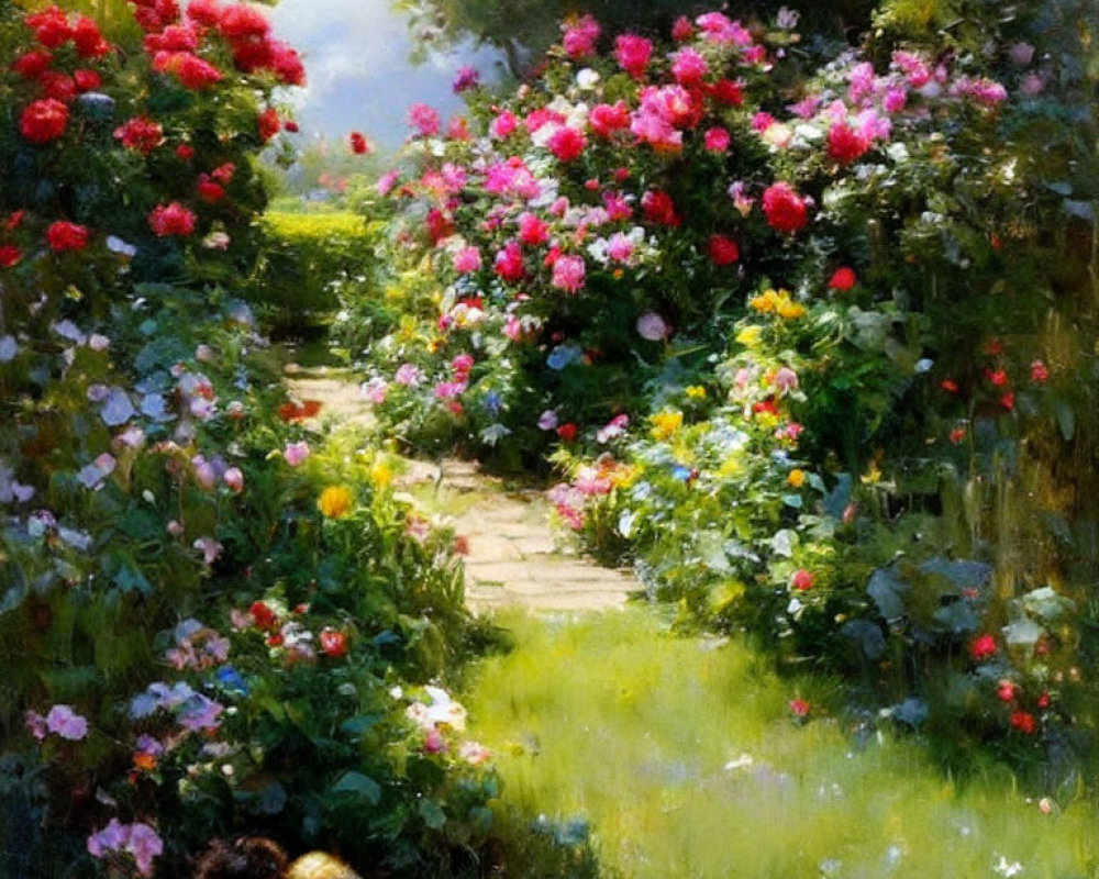 Colorful Garden Path with Children and Sunlight