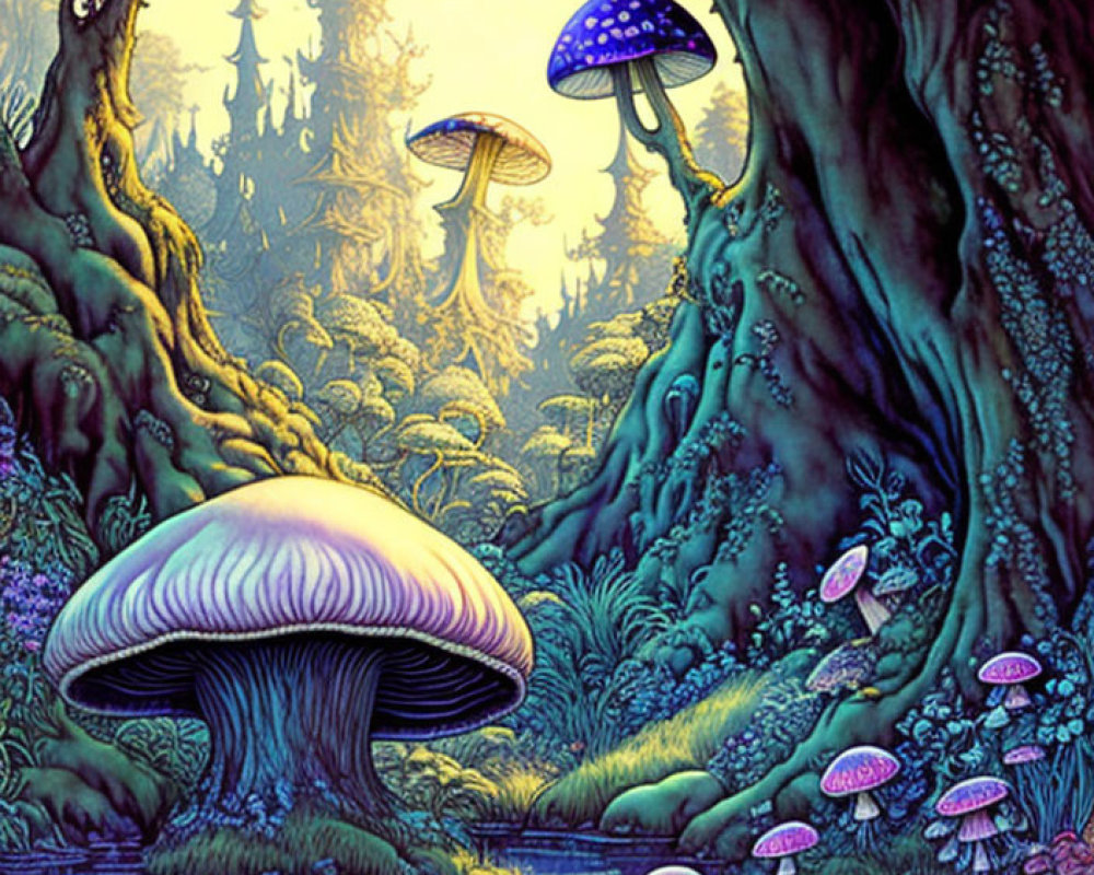 Colorful Fantasy Forest with Oversized Mushrooms by Serene Water Body