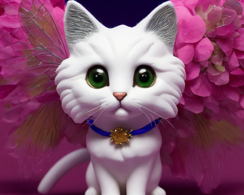 White Cat Figurine with Angelic Wings and Green Eyes Surrounded by Pink Flowers on Purple Background