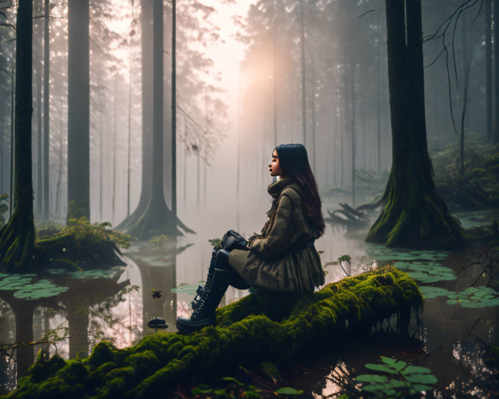 Person sitting on mossy log in misty forest with water and lily pads