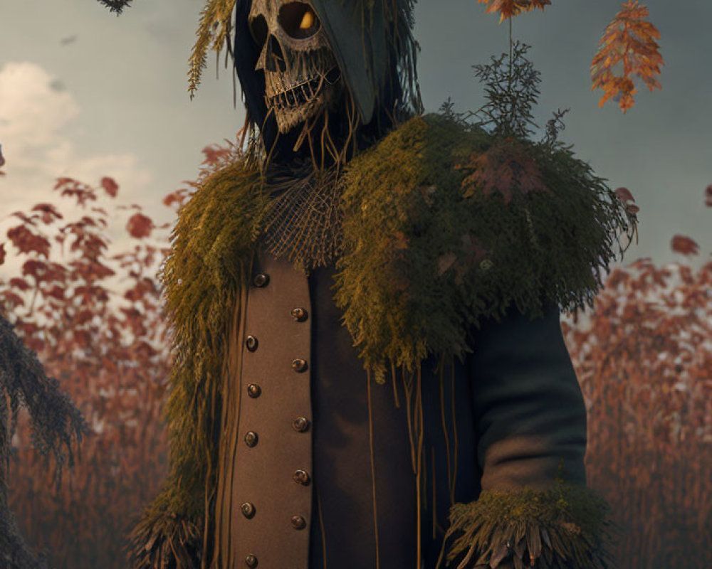 Sinister scarecrow with skull face in coat, surrounded by green foliage, with crow flying.