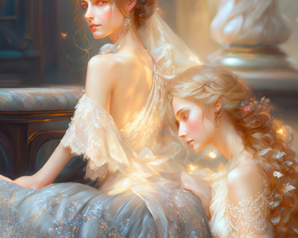 Ethereal women in intricate dresses and hairstyles in serene, glowing setting