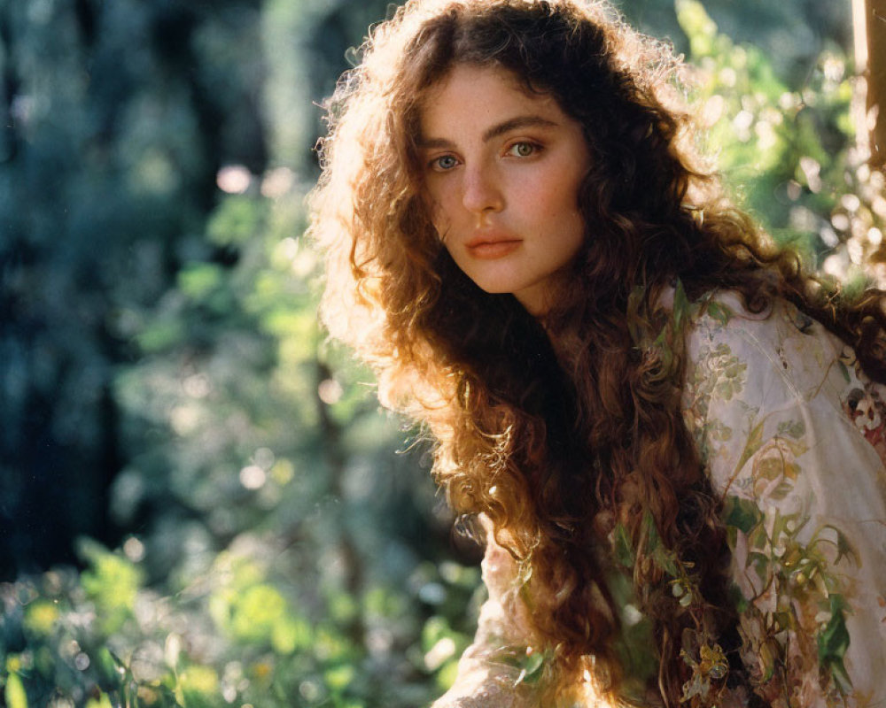 Curly-Haired Woman in Floral Dress Sitting in Sunlit Garden