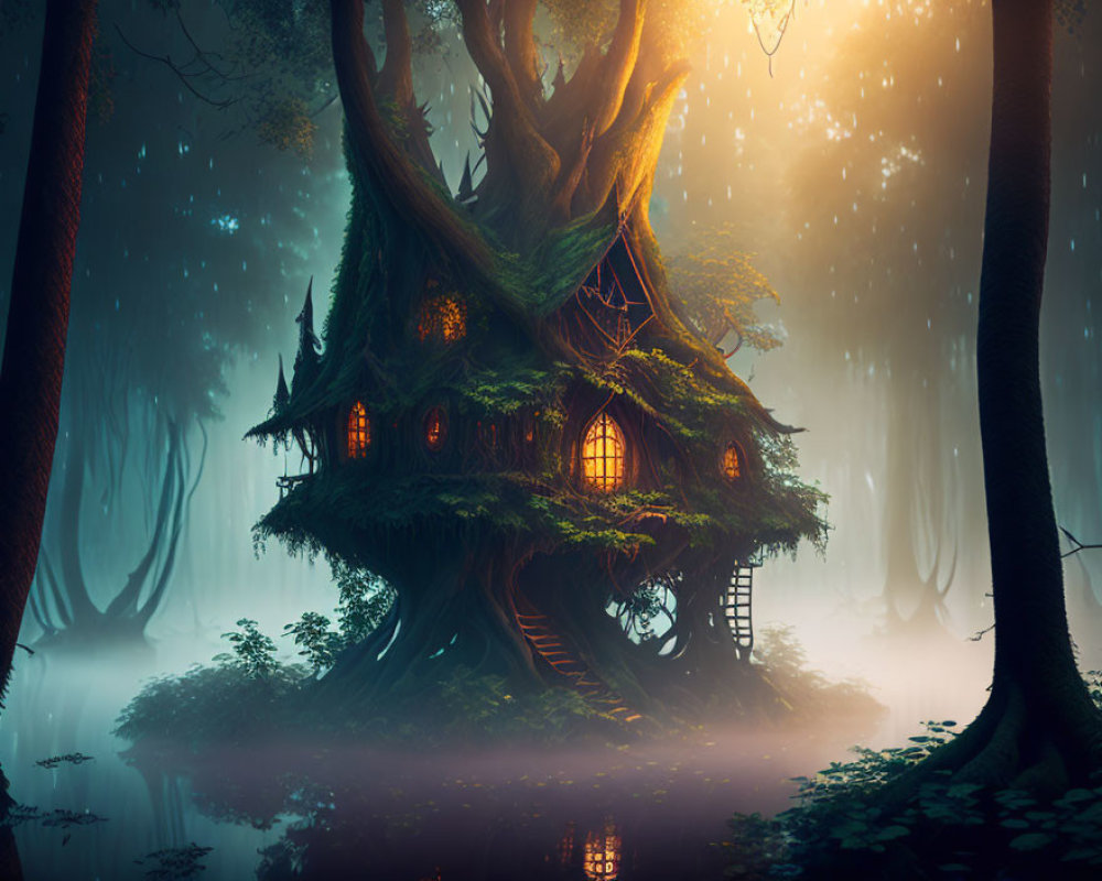 Glowing treehouse in mystical forest with soft light