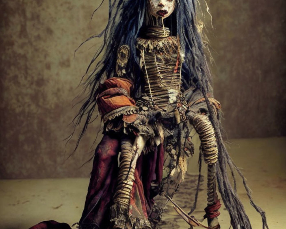 Skeletal-faced doll with blue hair surrounded by tattered fabric and beads