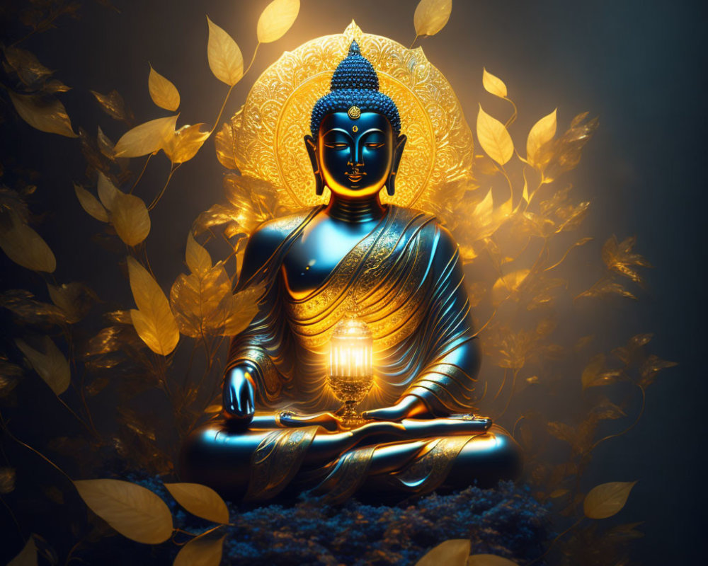 Golden Halo Buddha Statue with Yellow Leaves on Dark Background