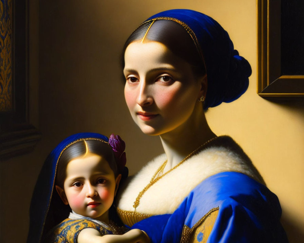 Classic Portrait of Woman and Child in Blue Dress on Dark Background