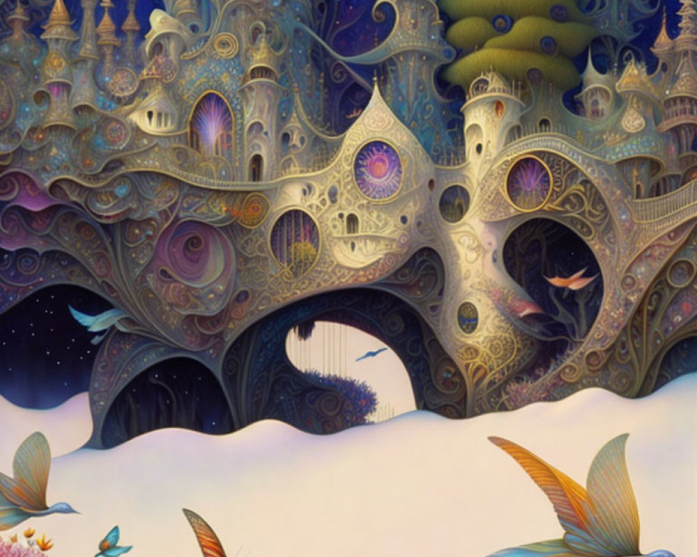 Vibrant artwork: intricate organic architecture with butterflies and underwater scene.