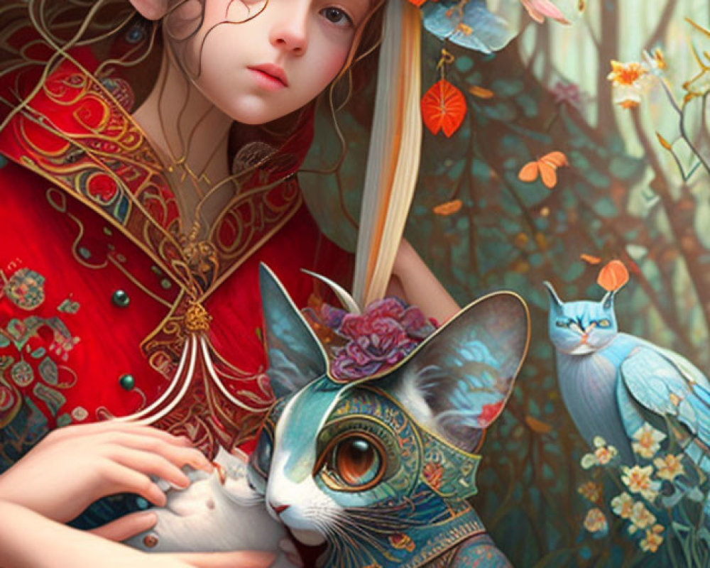 Curly-haired girl in red holding adorned cat in mystical forest.