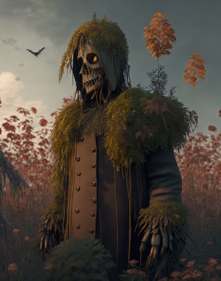 Sinister scarecrow with skull face in coat, surrounded by green foliage, with crow flying.