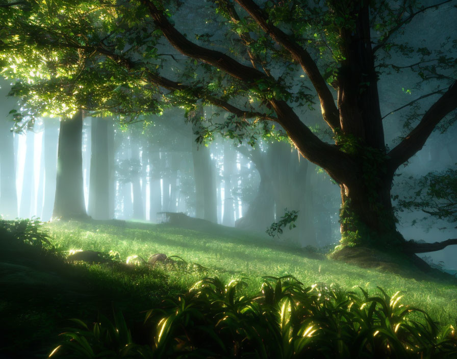 Misty forest with sunlight filtering through, lush green clearing and leafy tree.