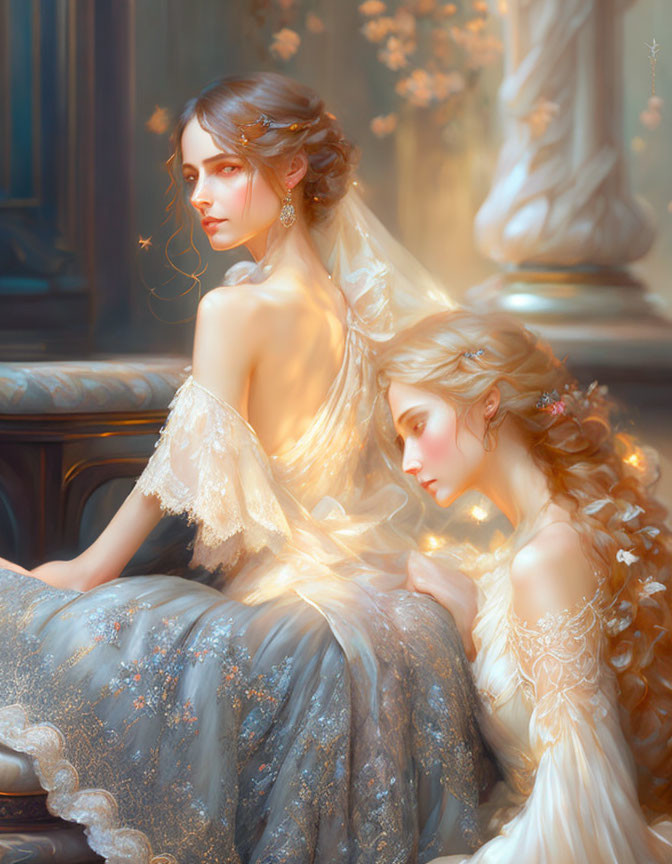 Ethereal women in intricate dresses and hairstyles in serene, glowing setting