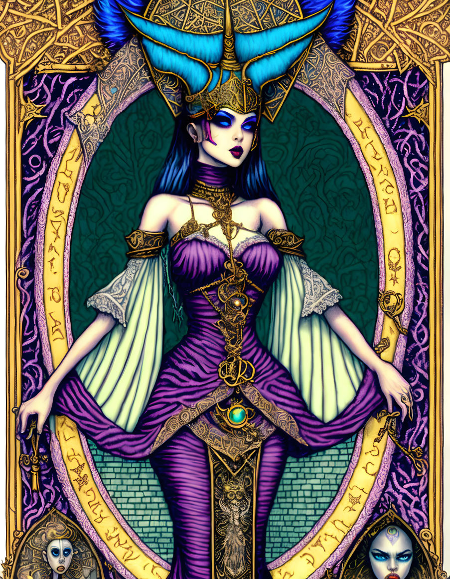 Fantasy Female Character Illustration with Blue Hair and Large Horns