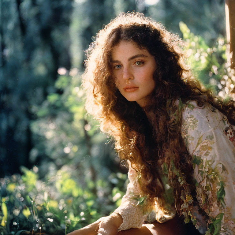 Curly-Haired Woman in Floral Dress Sitting in Sunlit Garden