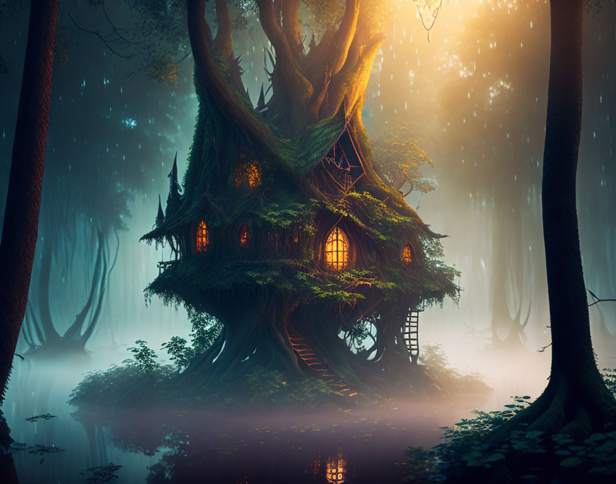 Glowing treehouse in mystical forest with soft light