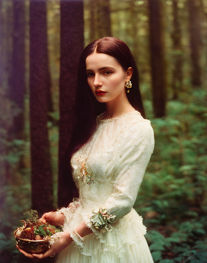 Woman in vintage white dress with brass bowl in forest