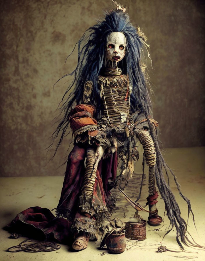 Skeletal-faced doll with blue hair surrounded by tattered fabric and beads