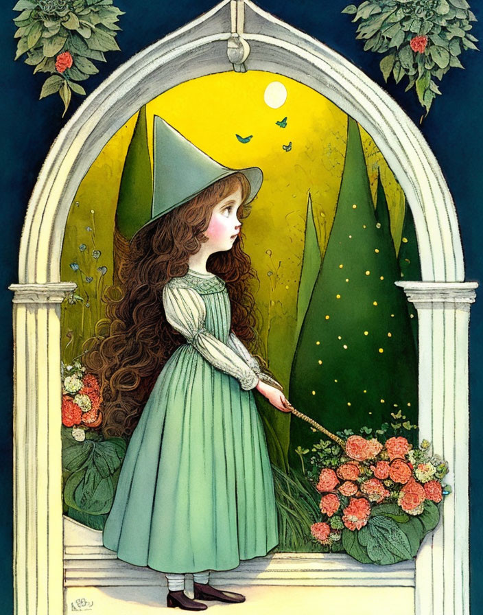 Vintage Illustration of Girl in Pointed Hat and Blue Dress in Moonlit Forest