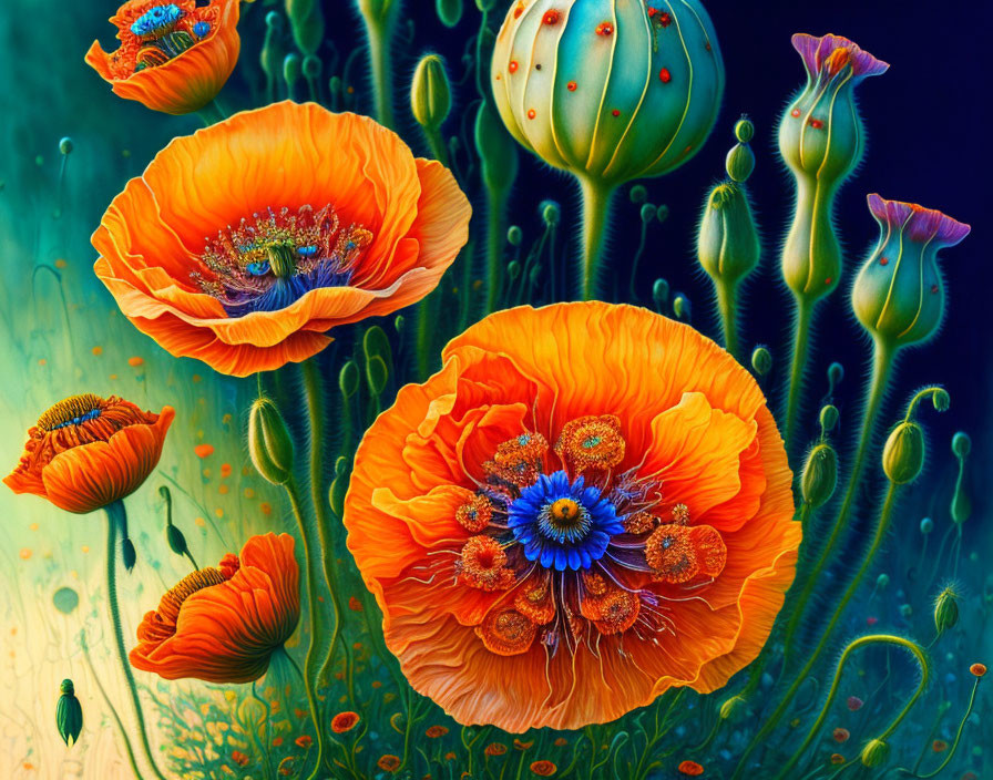 Detailed Orange Poppies with Blue Centers on Teal Background