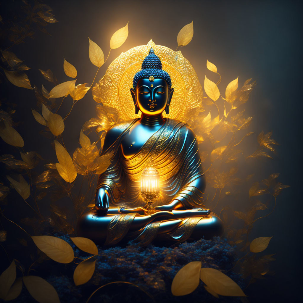 Golden Halo Buddha Statue with Yellow Leaves on Dark Background