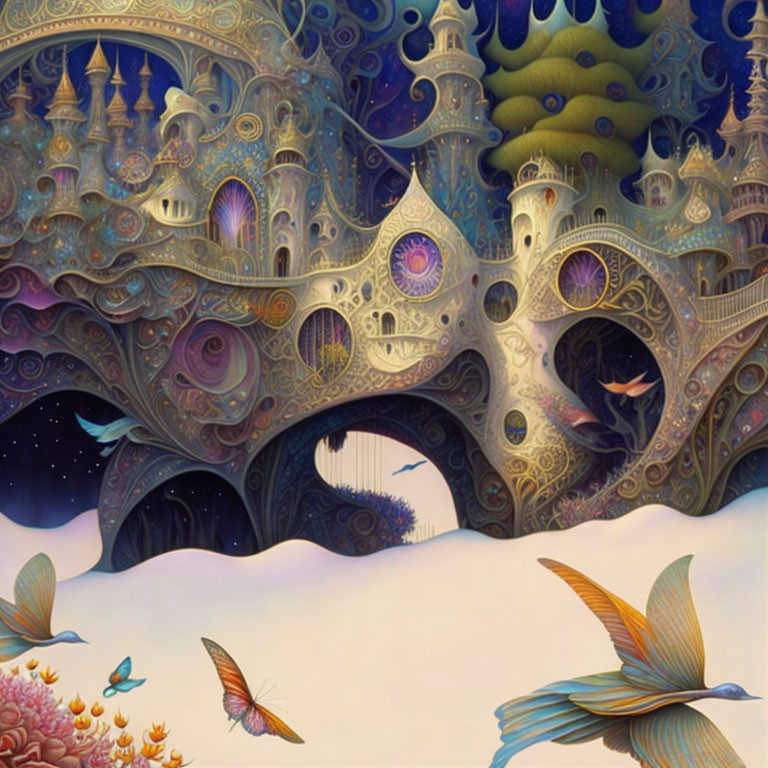 Vibrant artwork: intricate organic architecture with butterflies and underwater scene.