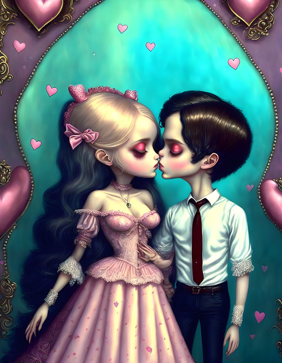 Stylized couple kissing in heart-shaped border illustration