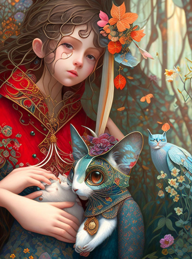 Curly-haired girl in red holding adorned cat in mystical forest.