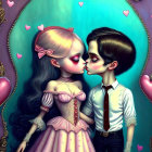 Stylized couple kissing in heart-shaped border illustration