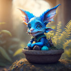 Blue creature with wings in brown pot in forest setting