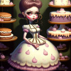 Illustrated character in voluminous dress at whimsical bakery with cakes and cupcakes