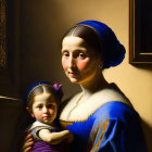 Classic Portrait of Woman and Child in Blue Dress on Dark Background