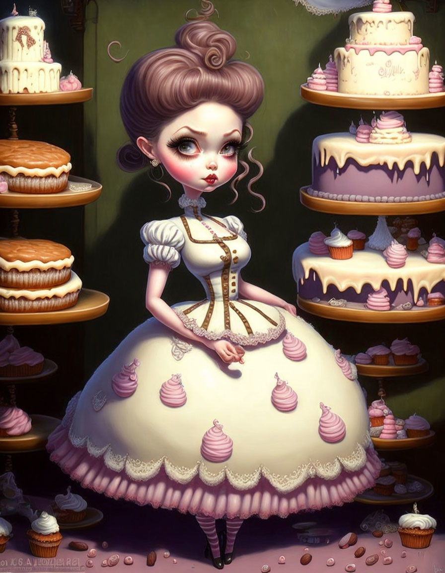 Illustrated character in voluminous dress at whimsical bakery with cakes and cupcakes