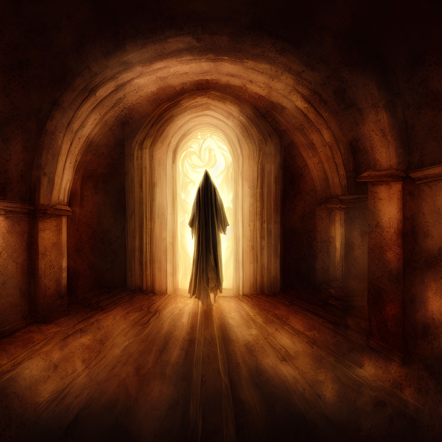 Cloaked figure in arched corridor with swirling light and long shadows