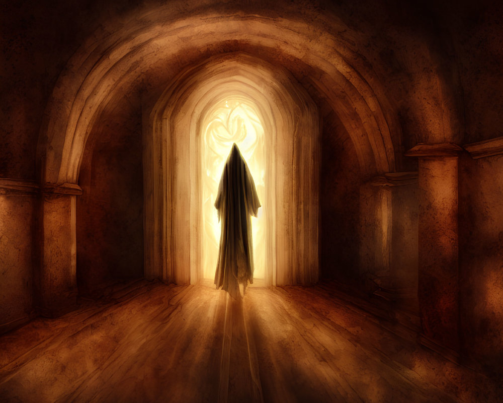 Cloaked figure in arched corridor with swirling light and long shadows