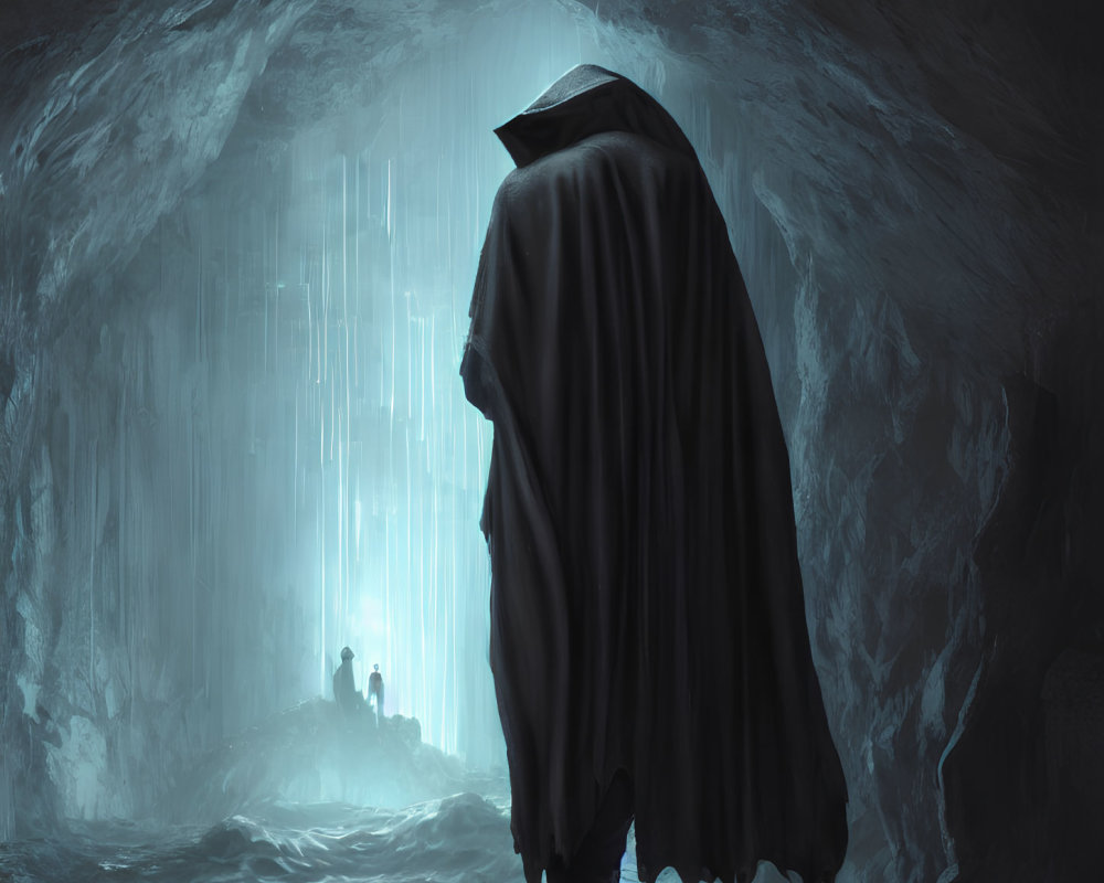 Cloaked figure in icy cave gazes at distant light with two smaller figures.