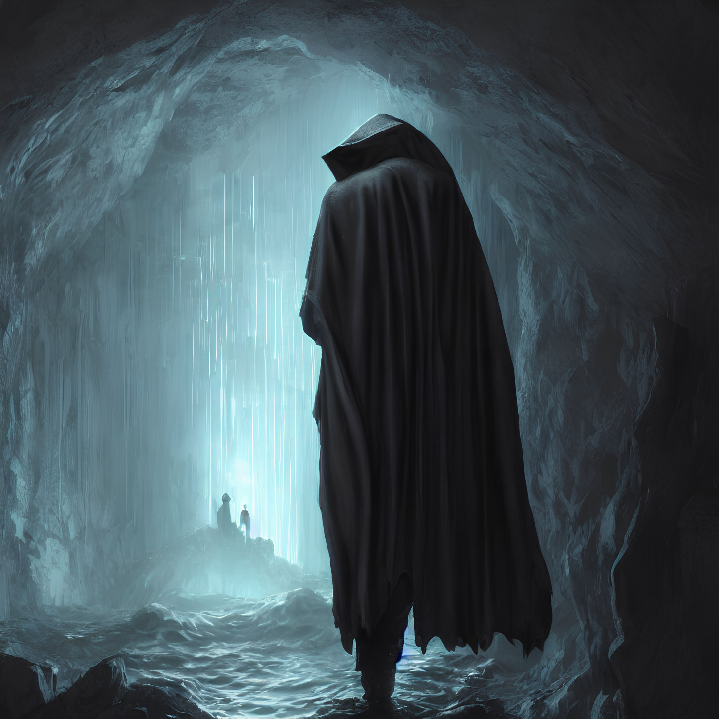 Cloaked figure in icy cave gazes at distant light with two smaller figures.