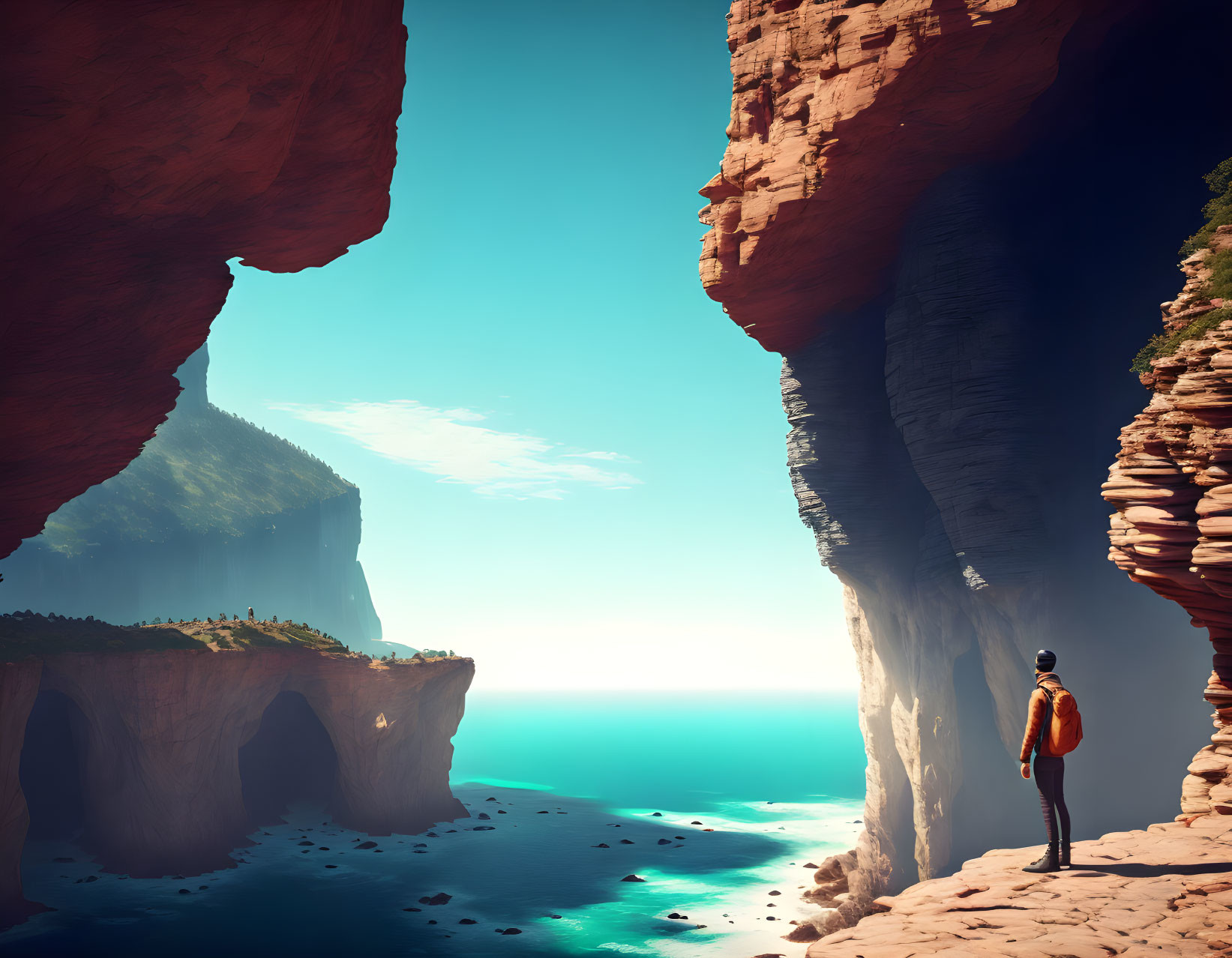 Solitary Figure on High Cliff Overlooking Turquoise Ocean