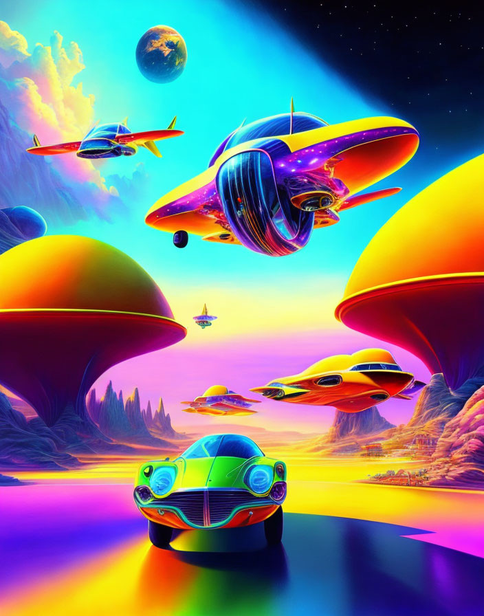 Colorful sci-fi landscape with futuristic vehicles and mushroom-shaped buildings under a starry sky