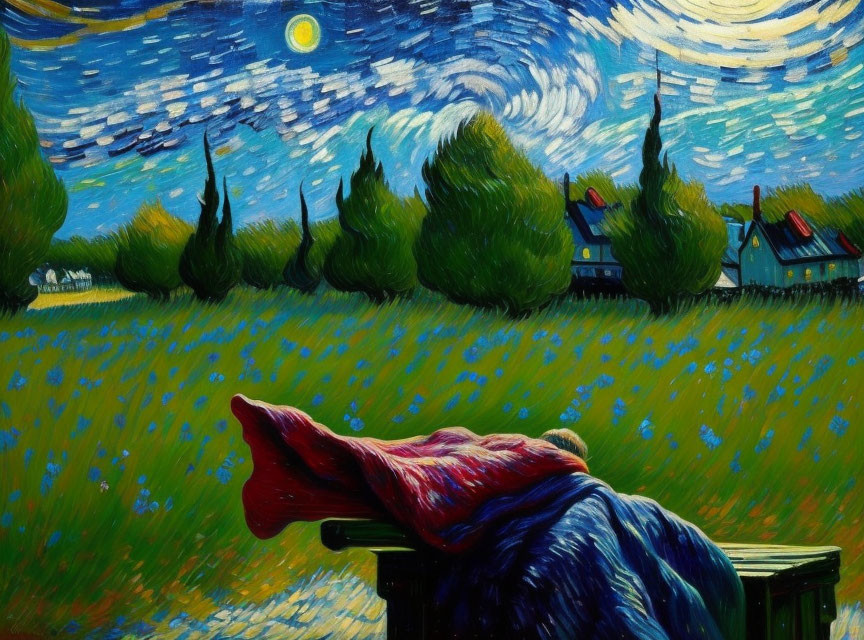 Starry night painting with crescent moon and figure in quiet town